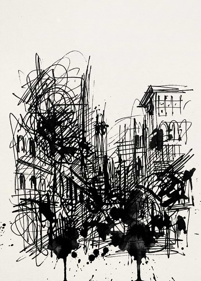 Abstract Ink Sketch of Cityscape