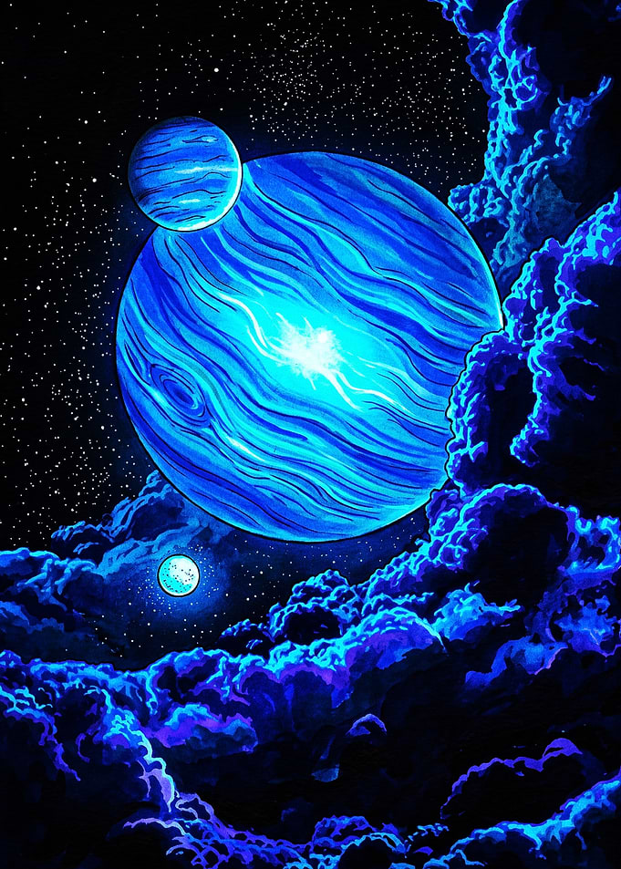 Glowing Blue Planets in Deep Space