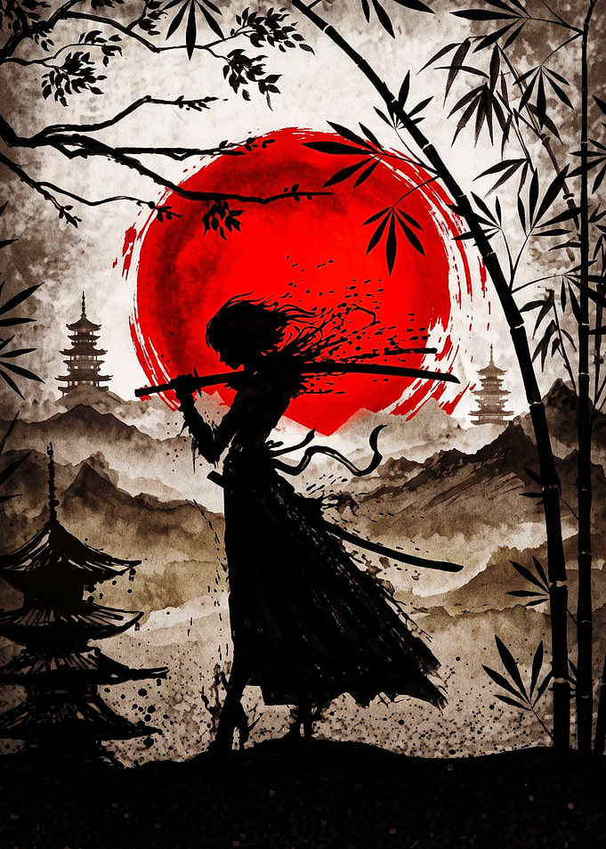 Samurai Silhouette with Red Sun