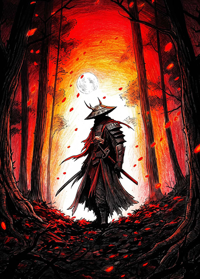 Samurai Warrior in Red Forest