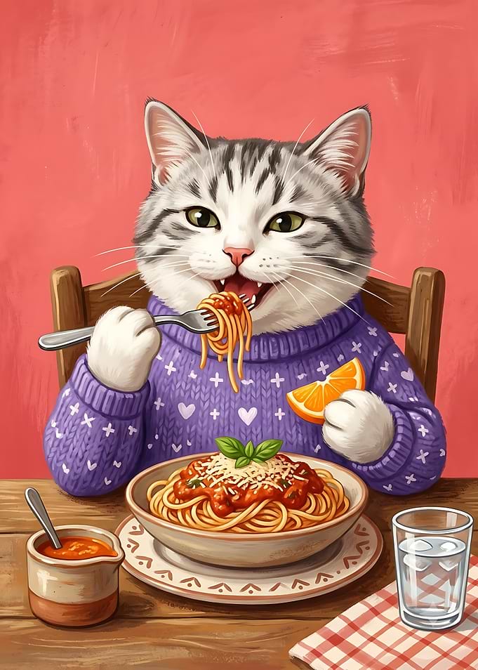 Cute Cat Eating Spaghetti Dinner