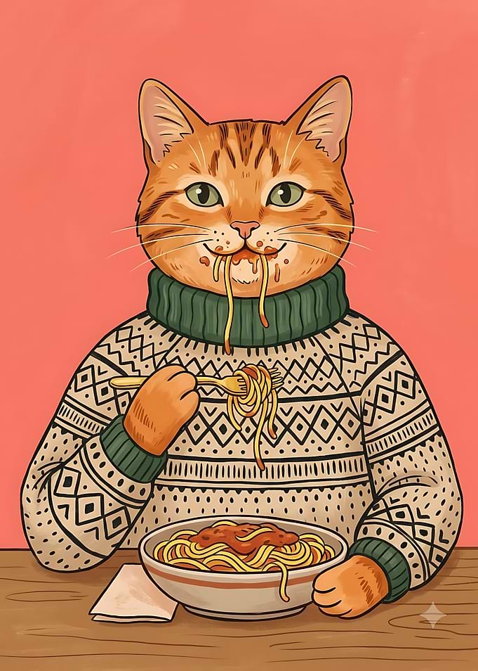 Cute Cat Eating Spaghetti Illustration