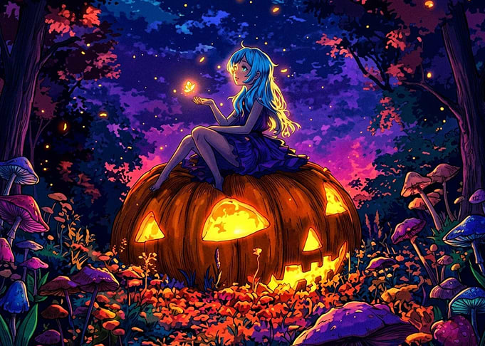 Anime Girl Sitting on Glowing Pumpkin