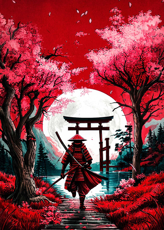 Samurai Walking Toward Torii Gate