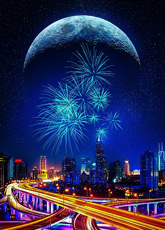 City Skyline with Fireworks and Moon