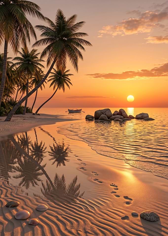 Tropical Beach Sunset with Footprints