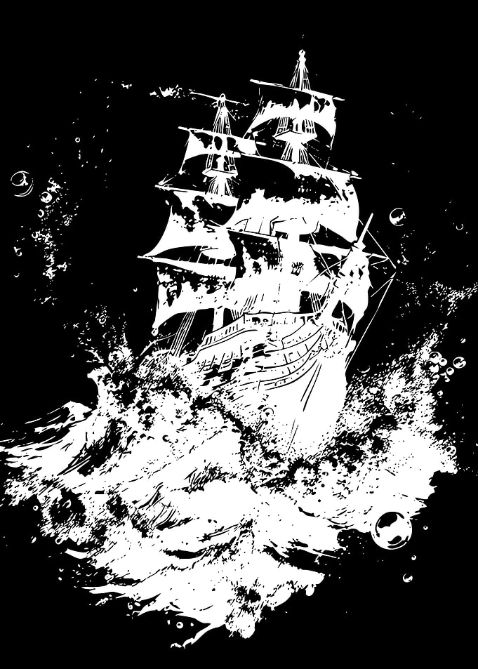 Black and White Sailing Ship Illustration