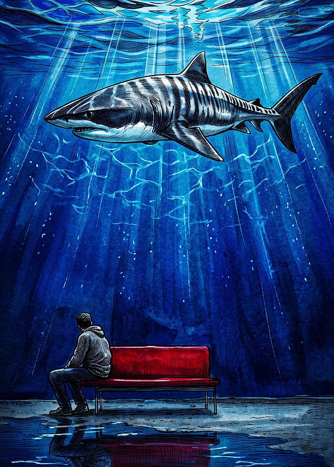 Man Sitting Before a Tiger Shark