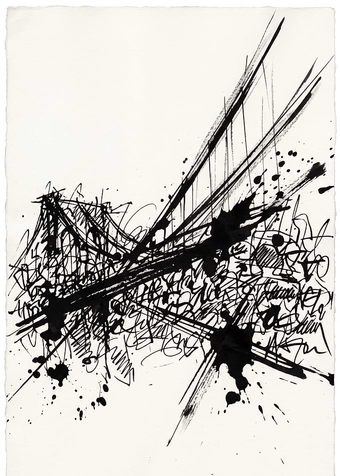 Abstract Ink Drawing of Brooklyn Bridge