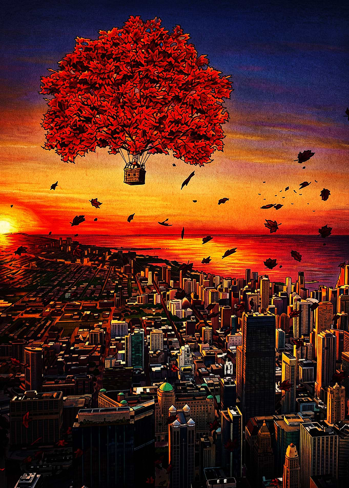 Autumn Tree Hot Air Balloon Over City