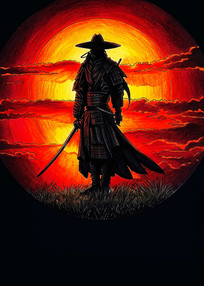 Samurai Silhouette Against Red Sun