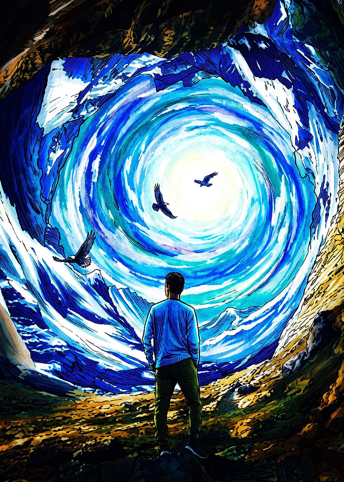 Man Looking Into Mountain Vortex