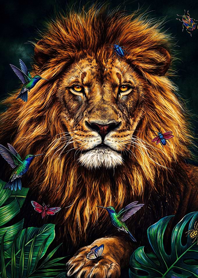 Majestic Lion Surrounded by Tropical Wildlife