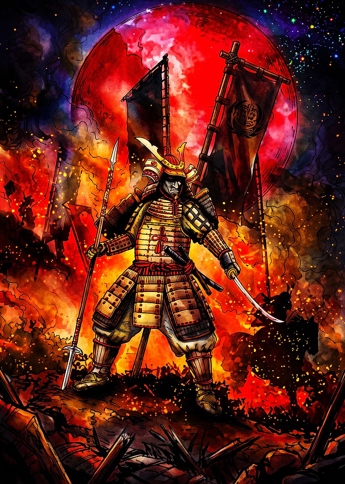 Samurai Warrior Under Red Moon