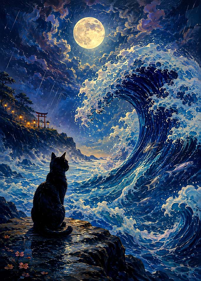 Black Cat Watching Great Wave