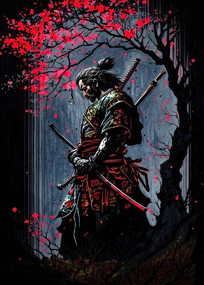 Samurai Under Red Cherry Blossoms