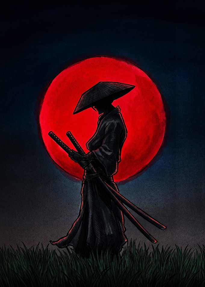 Samurai Silhouette Under Red Moon
