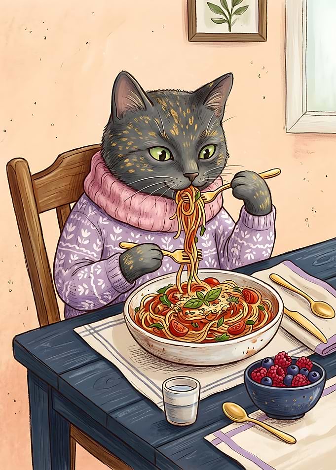 Cozy Cat Eating Spaghetti Illustration