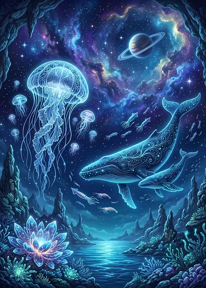 Cosmic Ocean Whale and Jellyfish Fantasy