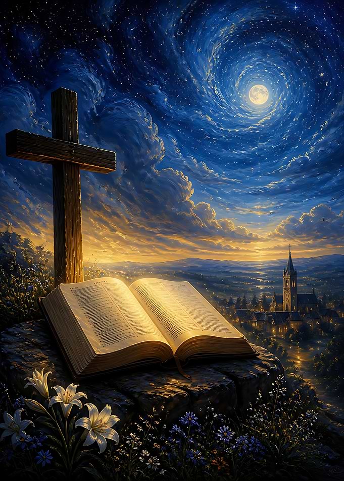 Bible and Cross Under Starry Sky