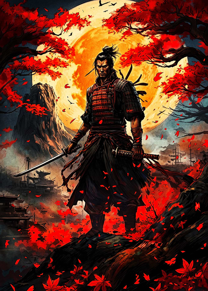 Samurai Warrior Under Blood Moon