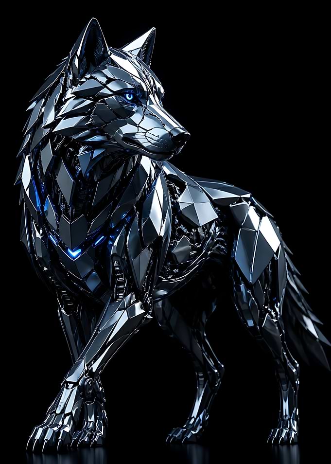 Metallic Cybernetic Wolf Sculpture