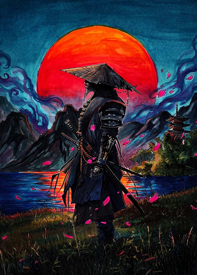 Samurai Standing Before Red Sun