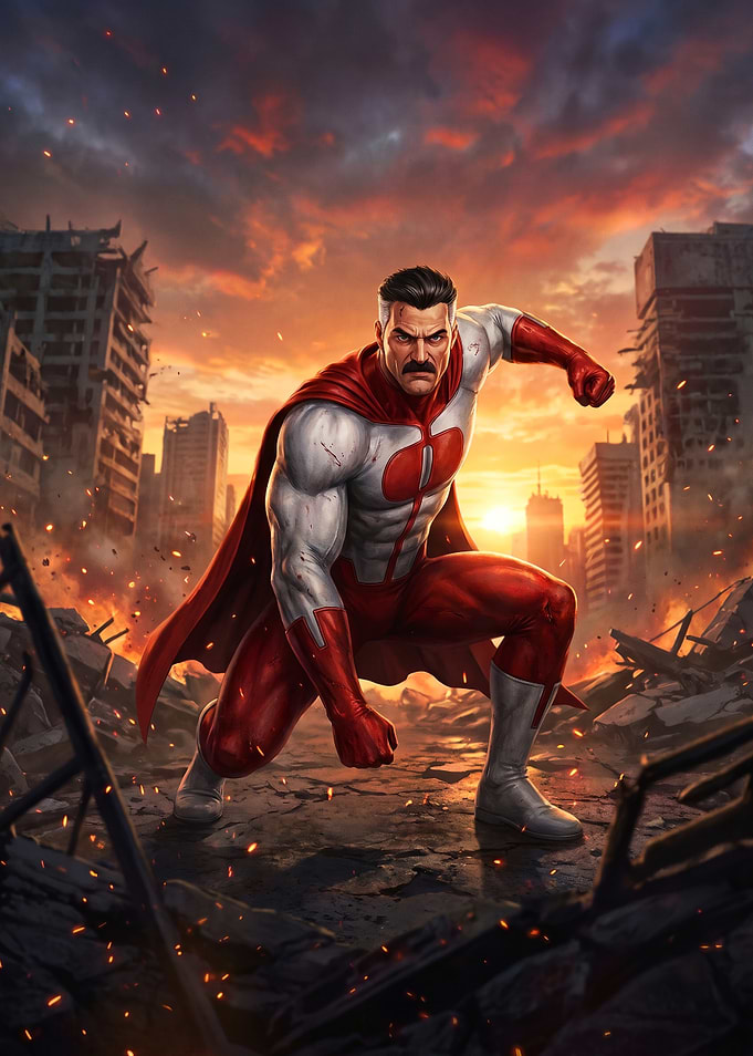 Omni-Man in Ruined Cityscape