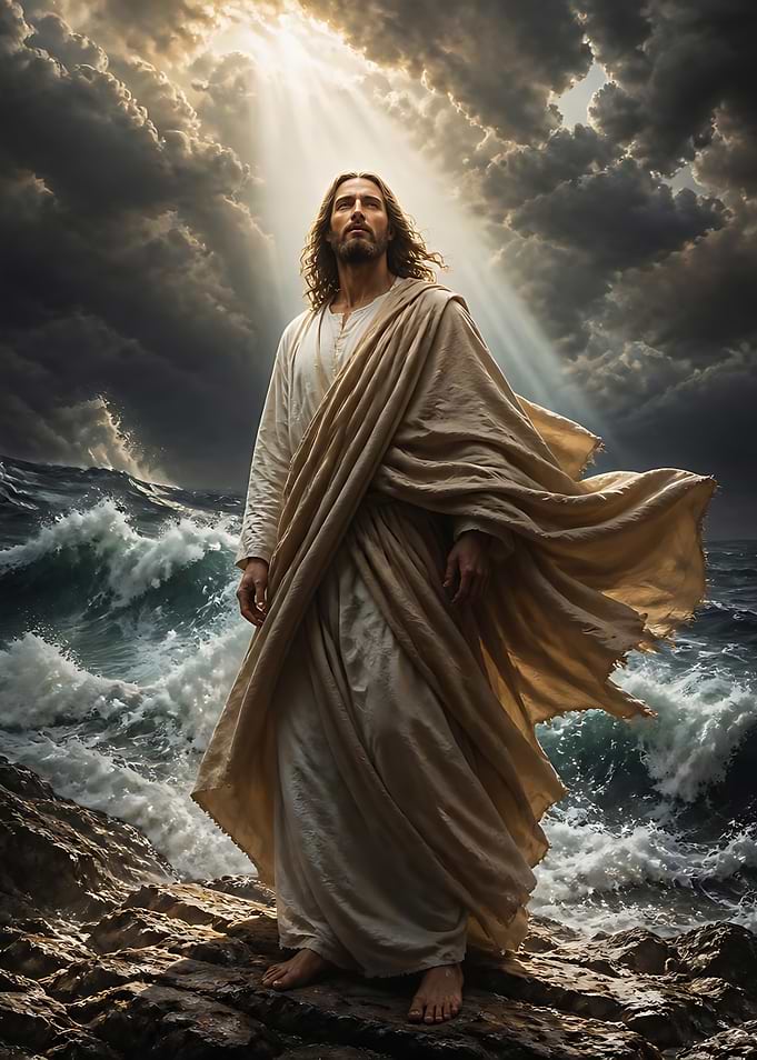 Jesus Standing on Rocky Shore