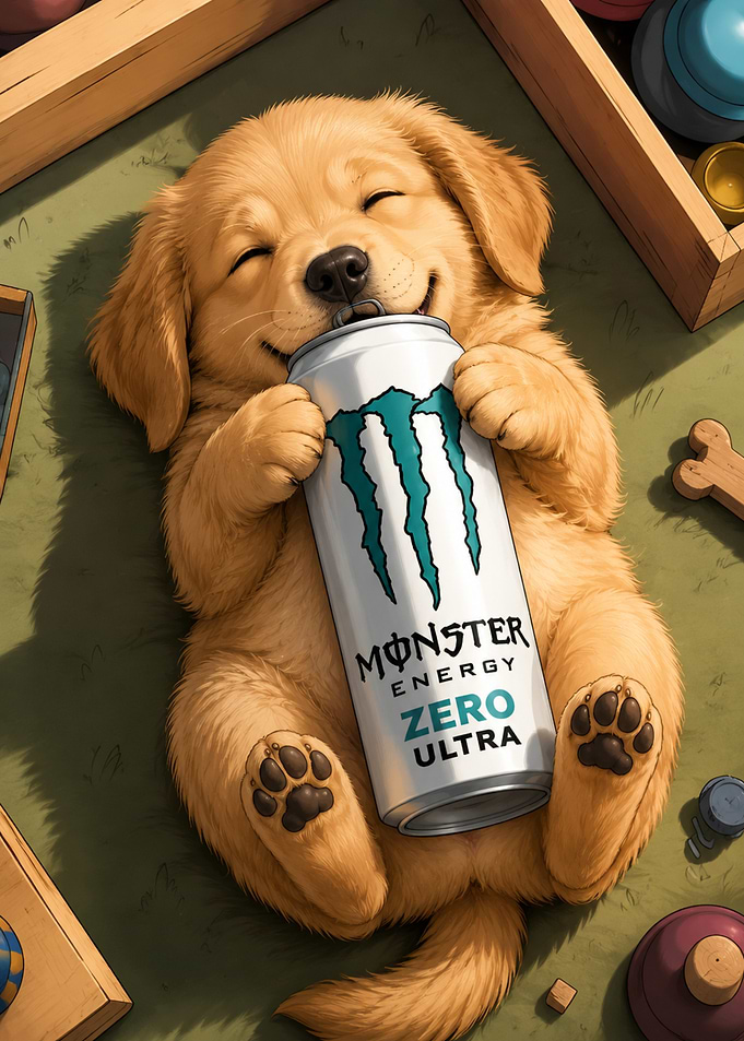 Cute Puppy Hugging Monster Energy Can