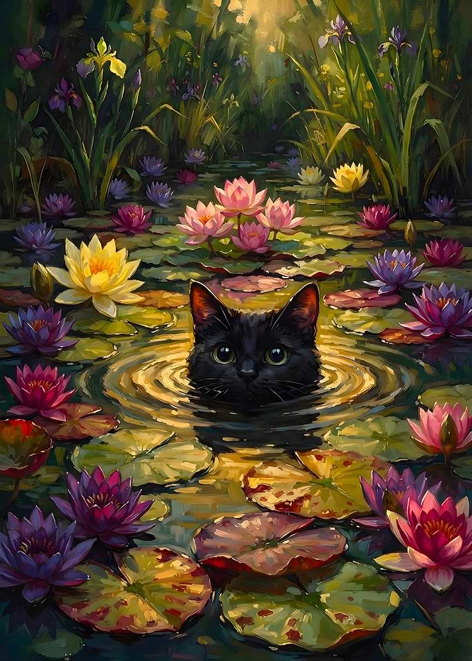 Black Cat in Lotus Pond