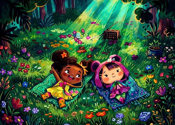 Two Girls Relaxing in a Meadow