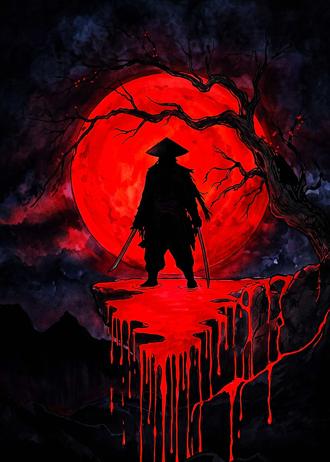 Samurai Silhouette Under Blood Red Moon