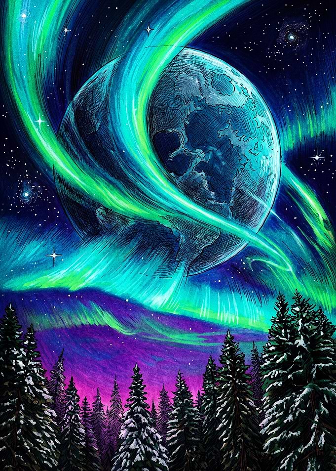 Aurora Borealis Over Snowy Forest