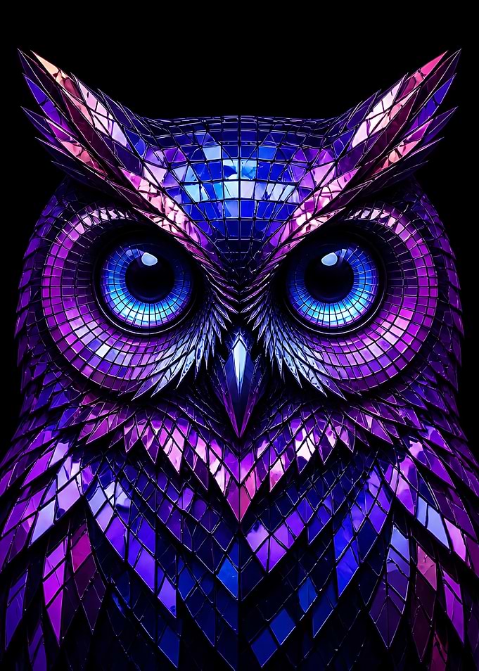 Iridescent Mosaic Owl Portrait