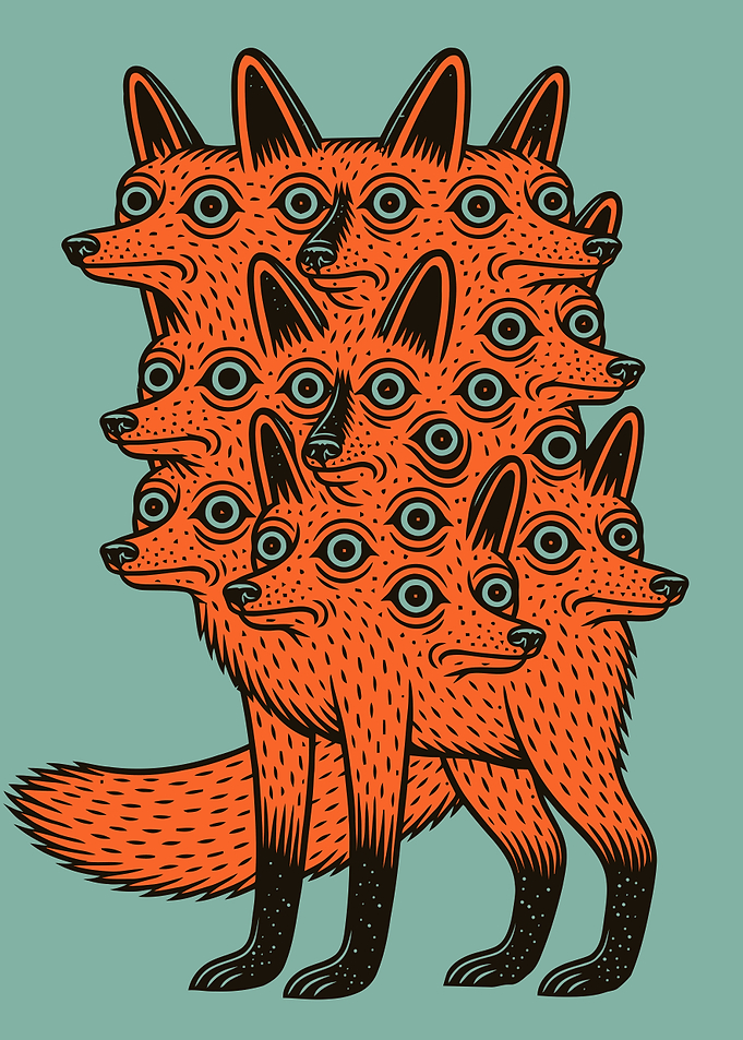 Surreal Multi-Headed Fox Illustration