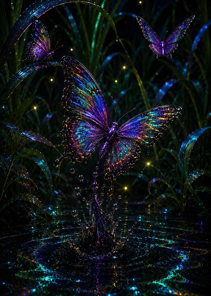 Iridescent Butterflies Over Water Splash