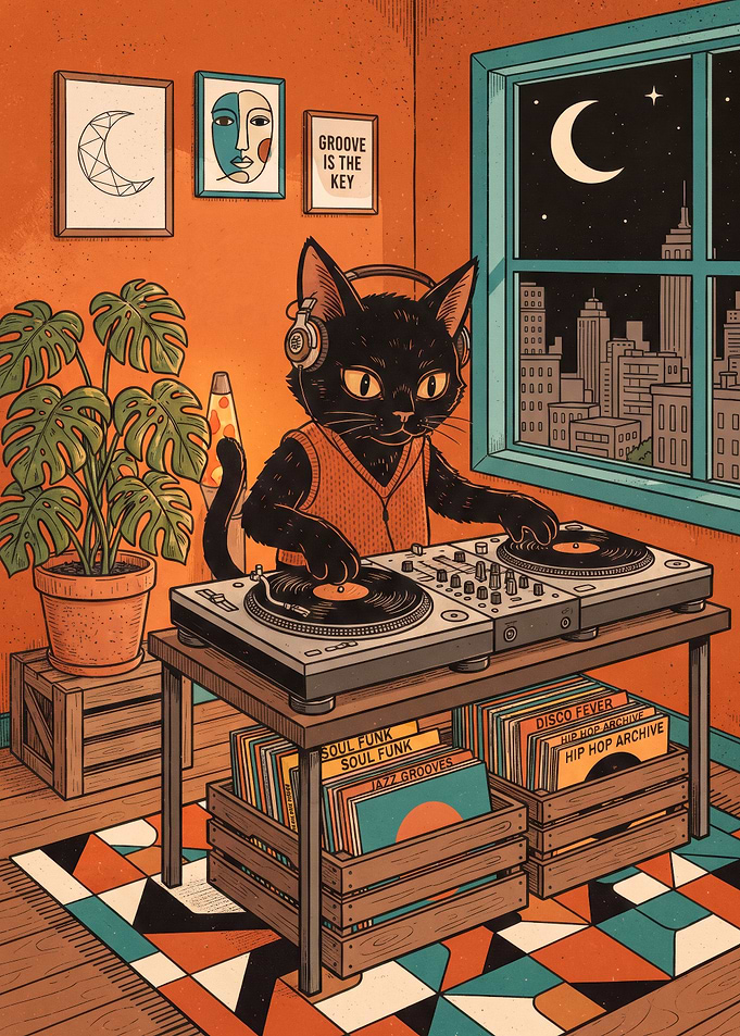 Cool Black Cat DJ Playing Vinyl