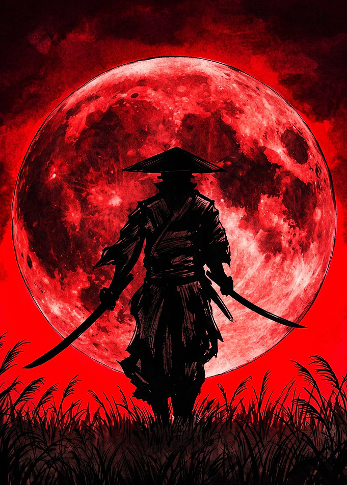 Samurai Silhouette Under Red Moon