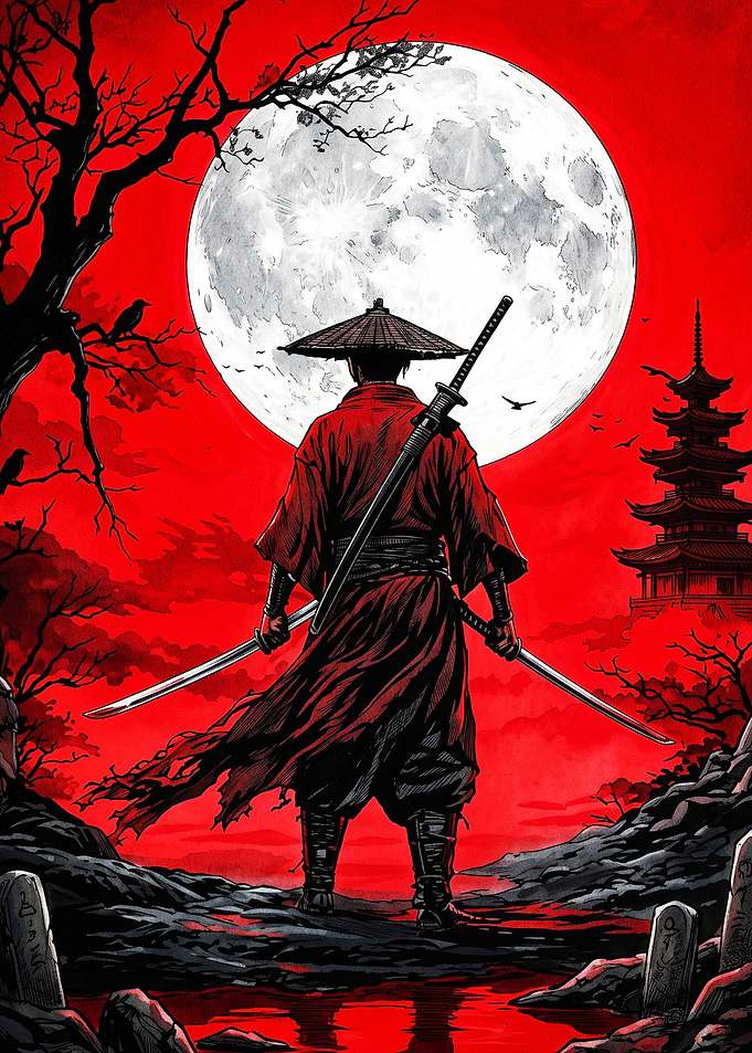 Samurai Standing Under Red Moon