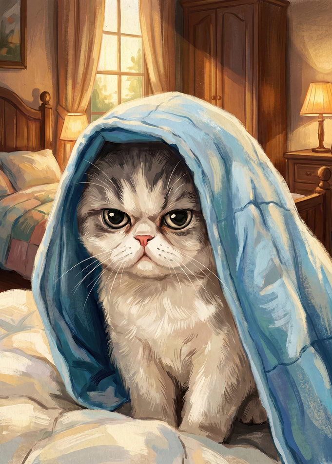 Grumpy Cat Under Blue Blanket