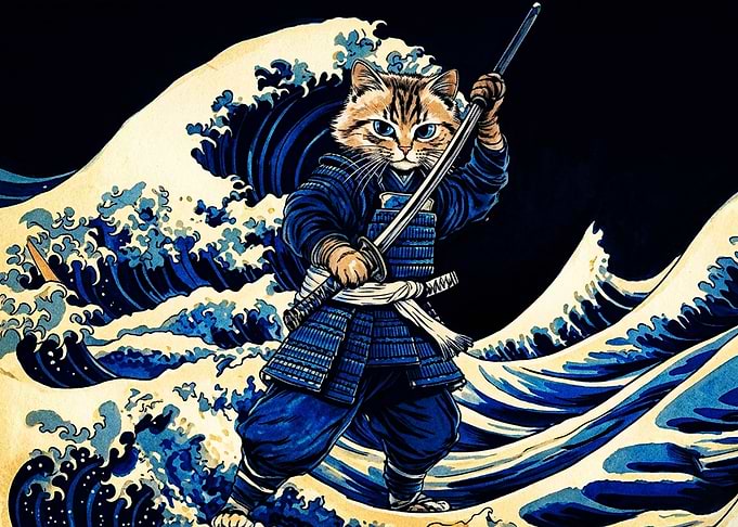 Samurai Cat and Great Wave