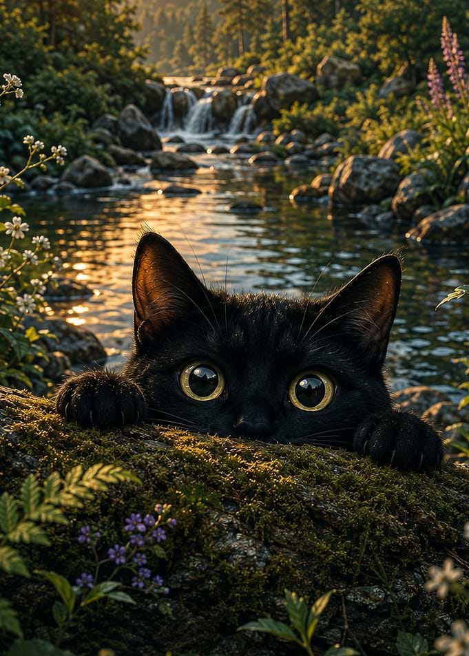 Black Cat Peeking Over Mossy Log