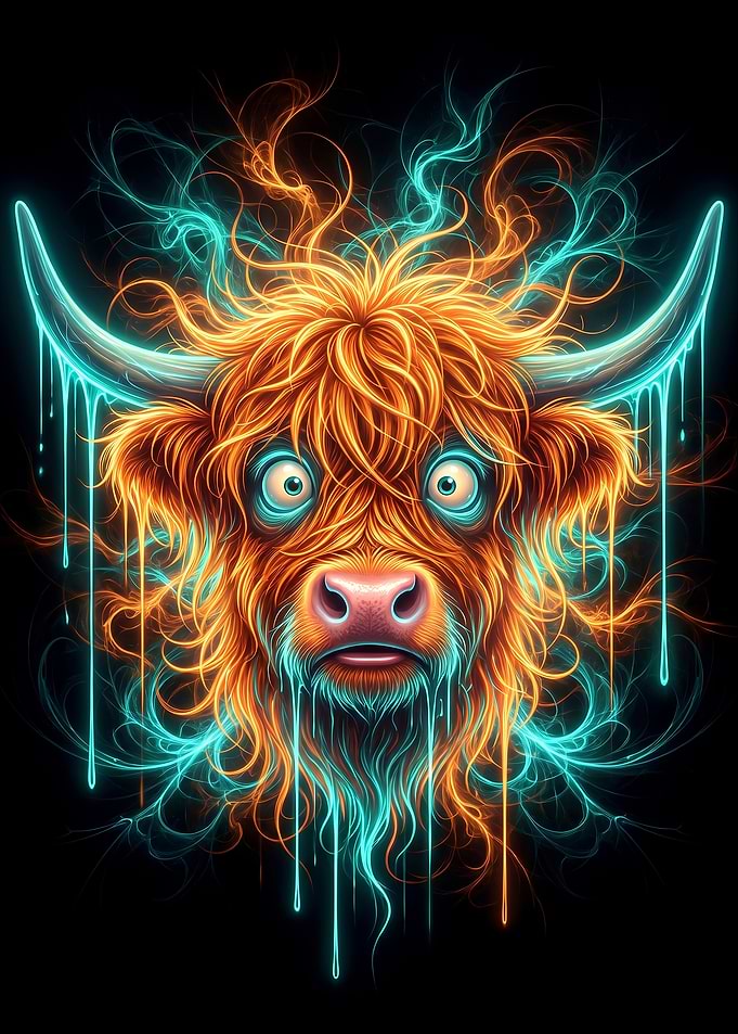Neon Highland Cow Portrait