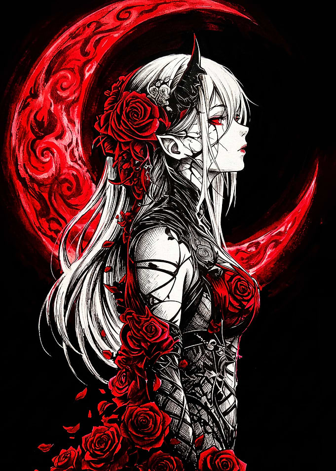 Gothic Anime Girl with Red Roses