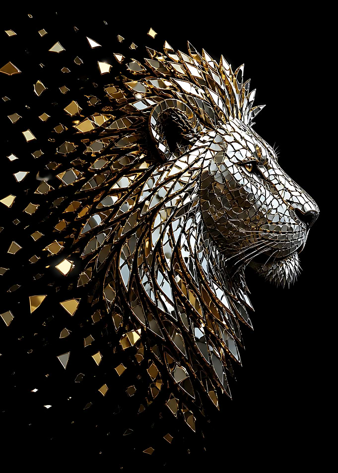 Golden Shattered Mirror Lion Portrait
