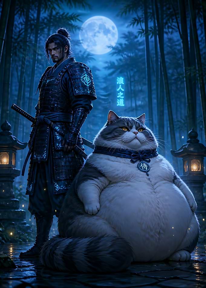 Samurai Warrior and His Giant Cat
