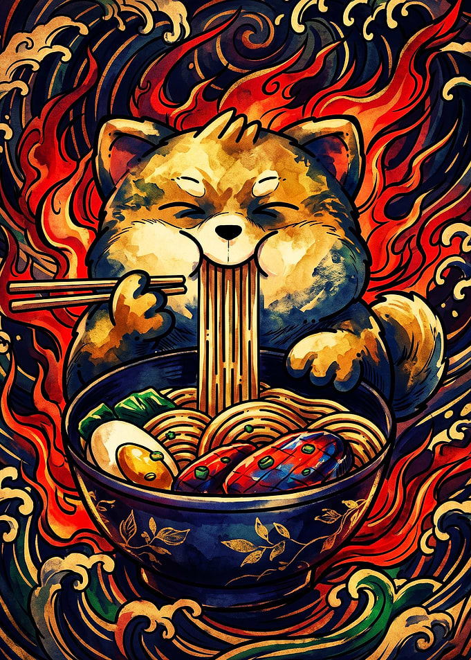 Shiba Inu Eating Ramen Ukiyo-e Style