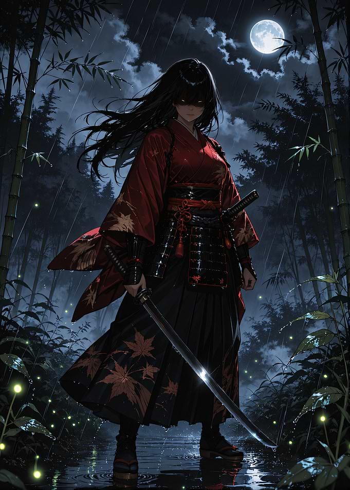 Samurai Woman in Bamboo Forest