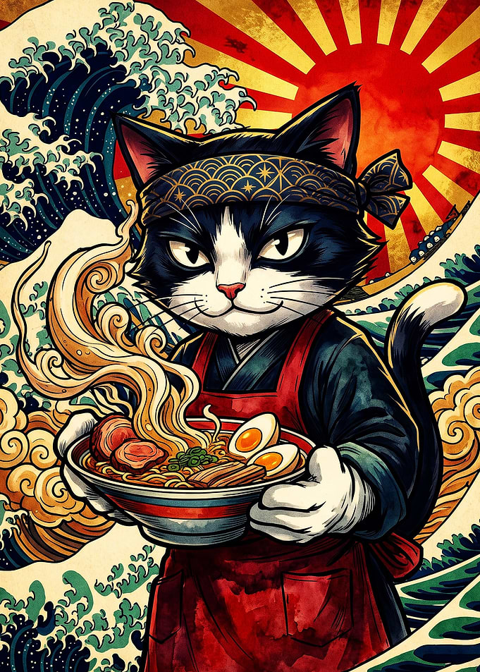 Cat Chef Serving Ramen Ukiyo-e Style